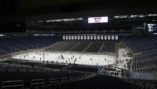 The rink setup at Ford Field for the Frozen Four