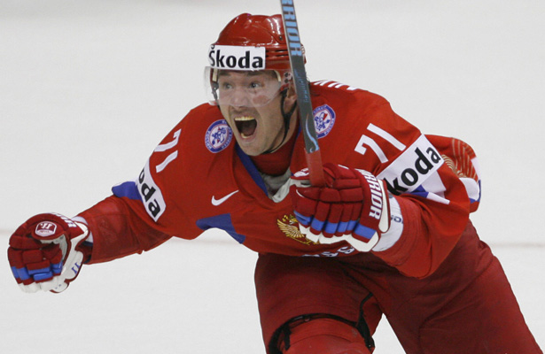 Ilya Kovalchuk of Russia reacts after sc